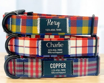 Collier pour chien personnalisé à carreaux rouges : écusson personnalisé, collier en nylon fait main