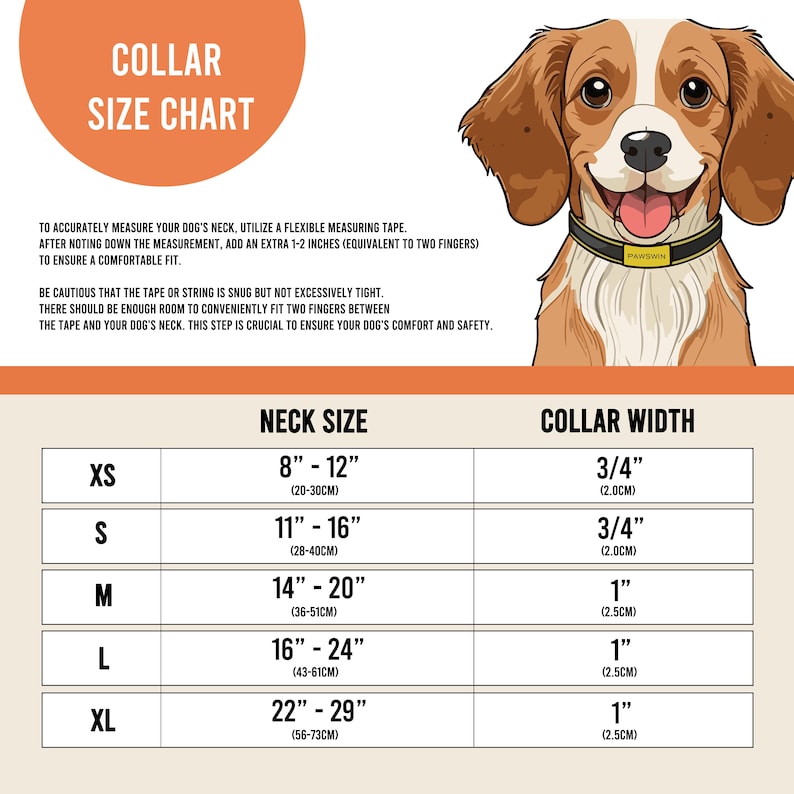 May include: A chart showing collar sizes for dogs. The chart includes neck size in inches and centimeters, and collar width in inches and centimeters. The chart is color-coded with different colors for each size.