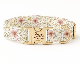 Personalized Floral Dog Collar, Custom Blush Wildflower Design, Gold ID Buckle Collar