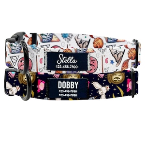 May include: Two dog collars with a Harry Potter theme. The top collar is white with a pink, blue, and yellow pattern. The bottom collar is black with a pink, blue, and yellow pattern. Both collars have a black tag with white text. The top tag says "Stella 123-456-7890". The bottom tag says "Dobby 123-456-7890 123-456-7890".