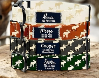 Personalized Moose Dog Collar, Custom Woodland Pet Collar with Name Patch