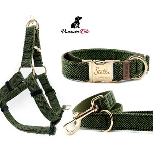 Green Chevron Dog Elite Bundle - Custom Dog Collar, Leash and Harness - Personalized Engraved Collar - Adjustable Size - Sturdy Metal Buckle