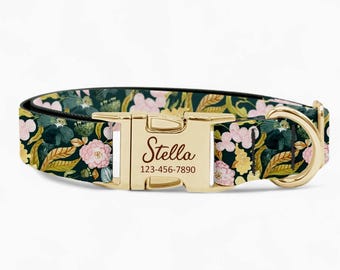 Collar de perro personalizado: Floral verde, nombre grabado personalizado, herrajes metálicos