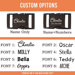 May include: Two black metal dog collar buckles with different engraving options. The top buckle has the name "Charlie" engraved. The bottom buckle has the name "Charlie" and the phone number "012-345-6789" engraved. Below the buckles are eight different font styles for the name.