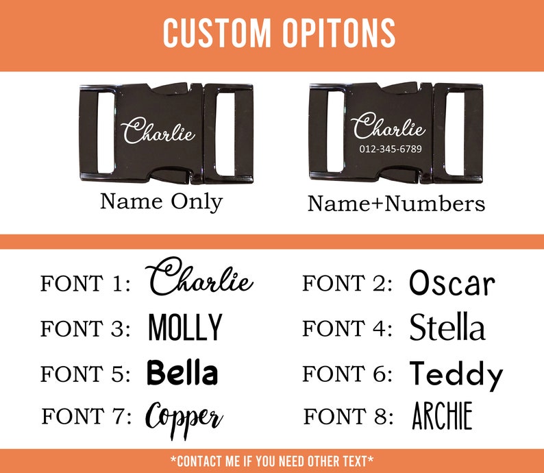 May include: Two black metal dog collar buckles with different engraving options. The top buckle has the name "Charlie" engraved. The bottom buckle has the name "Charlie" and the phone number "012-345-6789" engraved. Below the buckles are eight different font styles for the name.