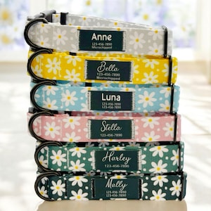 Peut inclure: Une pile de six colliers de chien colorés avec des motifs de marguerites. Chaque collier a une étiquette noire avec un nom et un numéro de téléphone. Les noms sont Anne, Bella, Luna, Stella, Harley et Mally.