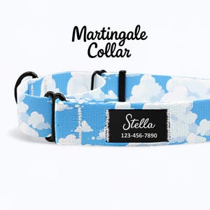 Könnte beinhalten: Blaues Martingal-Halsband mit weißem Wolkenmuster. Das Halsband hat schwarze Beschläge und ein schwarzes Etikett mit dem Namen "Stella" und einer Telefonnummer. Die Worte "Martingale Collar" stehen darüber.