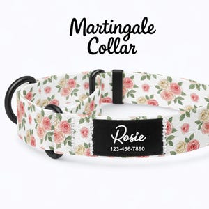 May include: A white Martingale collar with a floral pattern of pink and yellow roses. The collar has black hardware and a black name tag with the name "Rosie" and a phone number.