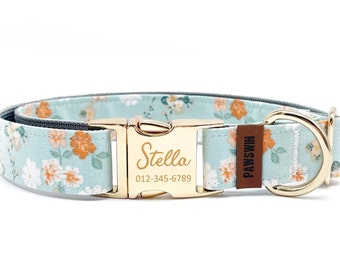 Personalized Dog Collar - Custom Name, Metal Hardware, Handmade, Collar for Small to Large Dogs, Gift for Dogs - Blush Blue Flower