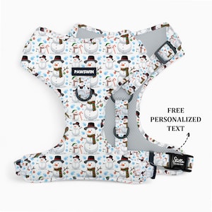 Personalized Dog Harness: Handmade Adjustable Christmas Snowman Print, Custom Name engraved