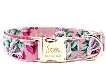 May include: Pink floral dog collar with a gold buckle and a personalized name tag that reads "Stella" and a phone number.