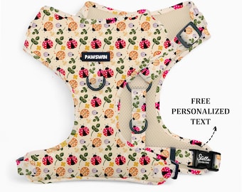 Pettorina personalizzata per cani: realizzata a mano con motivo floreale e coccinella primaverile, regolabile, sicura, con nome inciso su misura.