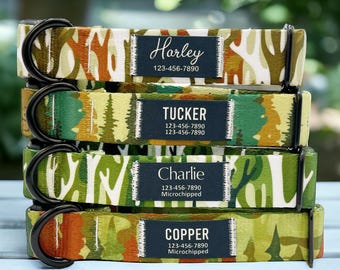 May include: Four colorful dog collars with black metal D-rings and personalized name tags. The collars feature a woodland camouflage pattern with trees, branches, and leaves. The name tags include the names "Harley", "Tucker", "Charlie", and "Copper" with phone numbers and "Microchipped" text.