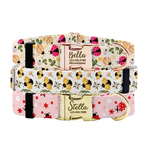 May include: Three dog collars with different patterns and personalised name tags. The top collar is cream with a ladybug pattern and says "Bella 012-345-6789 Microchipped". The middle collar is white with a bee pattern. The bottom collar is pink with a ladybug pattern and says "Stella 123-456-7890".
