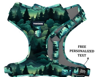 Personalized Dog Harness: Handmade Adjustable Forest Print, Metal Ring, Custom Engraved Name