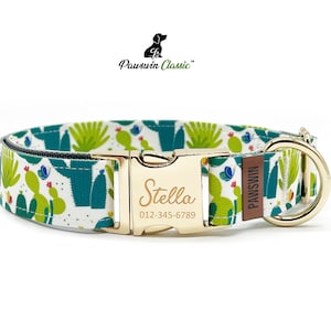 Personalized Dog Collar - Custom Name, Metal Hardware, Handmade, Collar for Small to Large Dogs, Gift for Dogs - Green Cactus