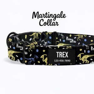 Könnte beinhalten: Schwarzes Martingal-Halsband für Hunde mit einem gelb-weißen Dinosaurierskelettmuster. Das Halsband hat ein schwarzes Namensschild mit dem Namen "TREX" und einer Telefonnummer. Der Text "Martingale Collar" steht oben.