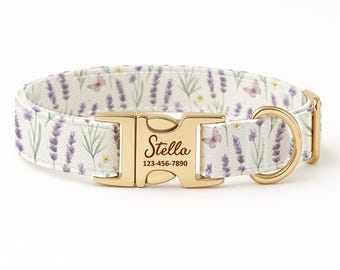 Personalized Floral Dog Collar, Laser Engraved Gold Buckle, Lavender Pattern, Botanical Gift