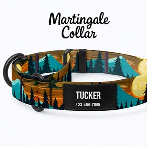 May include: A Martingale dog collar with a landscape design featuring trees, mountains, and a sunset. The collar has a black nameplate with the name "Tucker" and a phone number. The collar is designed for dogs.