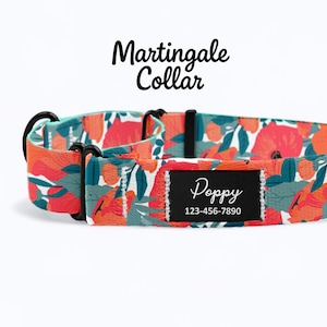 May include: A floral martingale dog collar with a teal and white background and red and orange flowers. The collar has a black metal clasp and a black label with the name "Poppy" and a phone number.