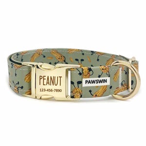 Personalized Peanut Print Dog Collar – Laser‑Engraved Metal Buckle, Adjustable Fabric ID Collar, Quiet No‑Jingle Gift for Foodie Pups