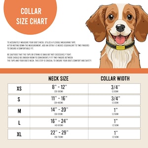 May include: A dog collar size chart featuring a cartoon dog wearing a collar. The chart provides neck size and collar width measurements in inches and centimetres for XS to XL sizes. The text reads "COLLAR SIZE CHART".