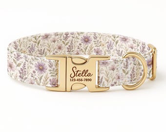 Personalized Lavender Dog Collar, Custom Wildflower Design, Gold ID Buckle Collar