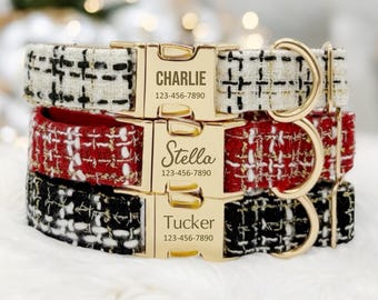 Personalized Dog Collar: Elegant Blush Plaid, Custom Engraved Name