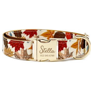 Personalisiertes Hundehalsband - individueller Name, Metall-Hardwares, handgemacht, Halsband für kleine bis große Hunde, Geschenk für Hunde - Herbst Ahornblätter