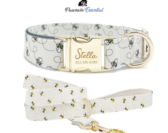 Bee Dog Collar and Leash Set: Personalized Engraved Collar, Adjustable Size
