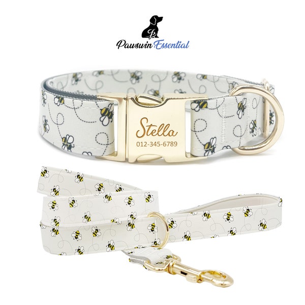 Bee Dog Essential Bundle - Custom Dog Collar and Leash - Personalized Engraved Collar - Adjustable Size - Metal Buckle
