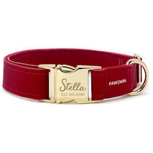Personalized Plain Color Dog Collar - Custom Name, Metal Hardware, Handmade, Collar for Small to Large Dogs, Gift for Dogs - Tilted Red
