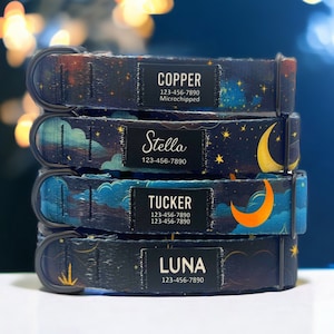 Collar de nailon personalizado para perro - Parche de tela personalizado, parche con nombre, hecho a mano, collar para perros pequeños y grandes, regalo para perros - Serie Moon Stars