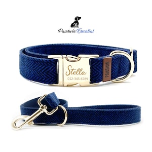 Navy Chevron Dog Collar and Leash Set: Personalized Engraved Buckle