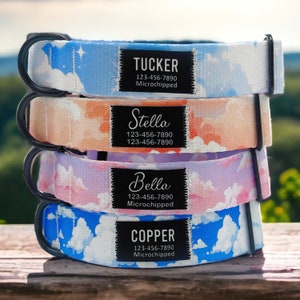 Puede incluir: Cuatro collares para perros apilados uno encima del otro. Los collares están hechos de una tela suave con un patrón de nubes y tienen hebillas negras. Cada collar tiene una etiqueta negra con el nombre del perro, el número de teléfono y las palabras "Microchipeado". Los nombres en las etiquetas son Tucker, Stella, Bella y Copper.