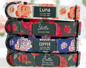 Personalized Rose Nylon Dog Collar: Custom Name Patch, Handmade Floral Design