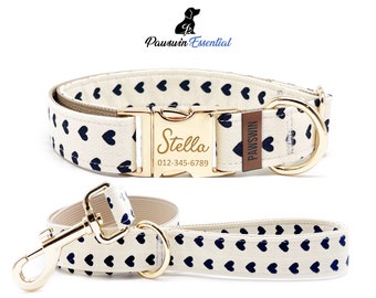 Cream Heart Dog Essential Bundle - Custom Dog Collar and Leash - Personalized Engraved Collar - Adjustable Size - Metal Buckle