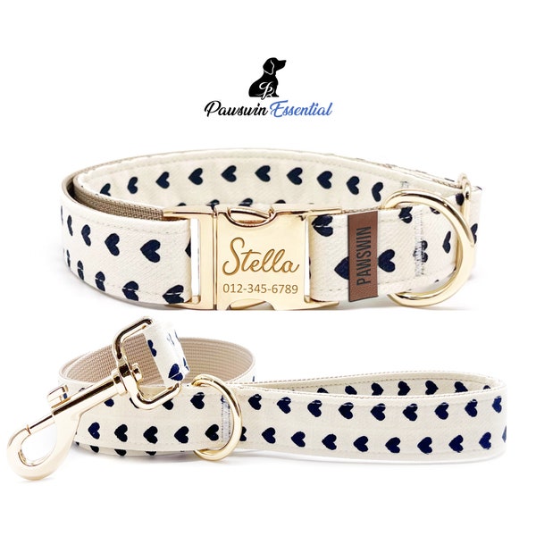 Crème Hart Hond Essentiële Bundel - Aangepaste halsband en riem - Gepersonaliseerde gegraveerde halsband - Verstelbare maat - Metalen gesp