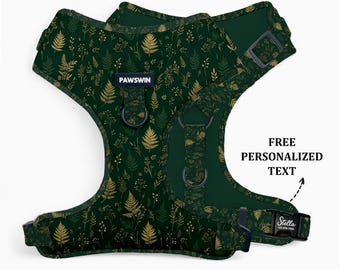 Personalized Golden Fern Dog Harness, No-Pull Forest Pattern Vest, Custom Buckle