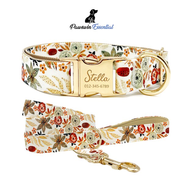 Winter Flower Dog Essential Bundle - Custom Dog Collar and Leash - Personalized Engraved Collar - Adjustable Size - Metal Buckle