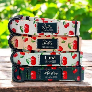 Può includere: Quattro collari per cani con disegni a stampa di ciliegie. I collari sono impilati uno sopra l'altro. Il collare superiore è bianco con ciliegie rosse, il secondo collare è pesca con ciliegie rosse, il terzo collare è azzurro con ciliegie rosse e il collare inferiore è nero con ciliegie rosse. Ogni collare ha un'etichetta nera con il nome del cane e un numero di telefono. I nomi sono Bella, Stella, Luna e Harley.