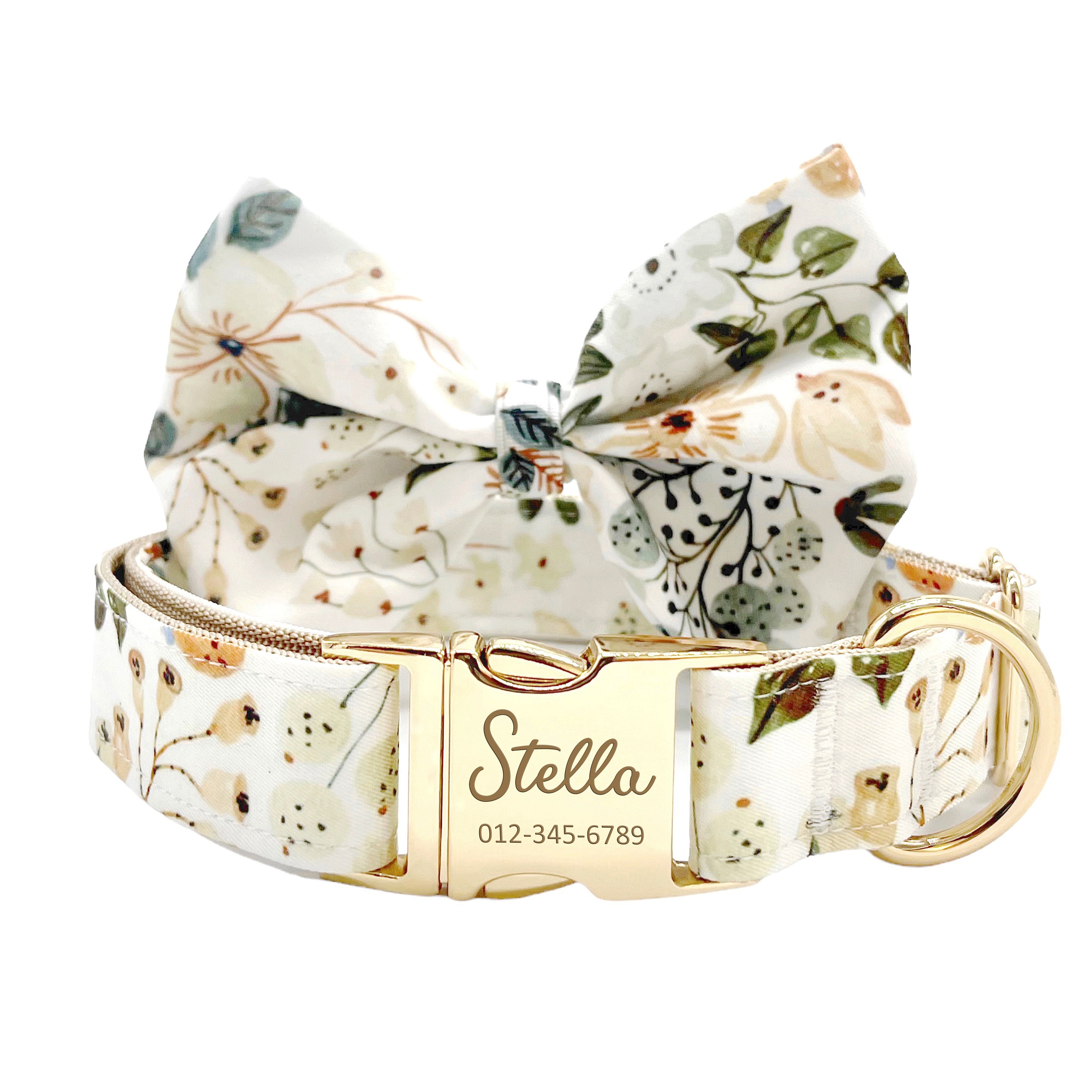Personalized Floral Dog Collar & Bowtie: Custom Engraved Metal Buckle