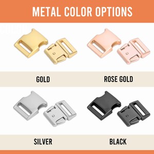 May include: Four metal clasps in different colors: gold, rose gold, silver, and black. The clasps are a common type of buckle used for straps and belts.