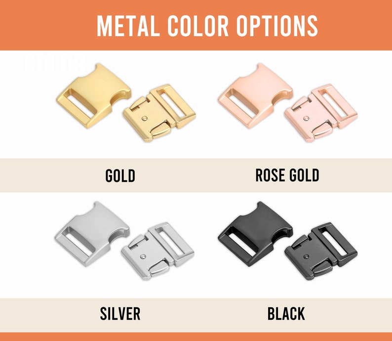 May include: Four metal clasps in different colors: gold, rose gold, silver, and black. The clasps are a common type of buckle used for straps and belts.