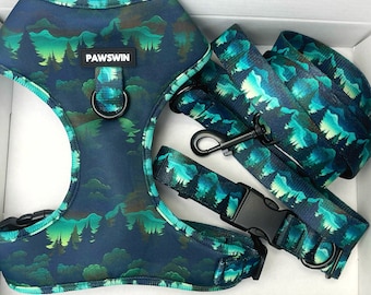 Personalized Forest Dog Collar, Harness & Leash Set: Engraved Buckle, Printed Patch
