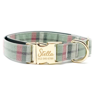 Collar personalizado para perro: Cuadros verde rubor, nombre grabado a medida.