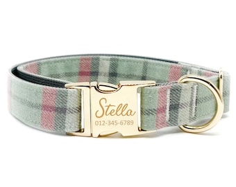Personalized Dog Collar: Blush Green Plaid, Custom Engraved Name