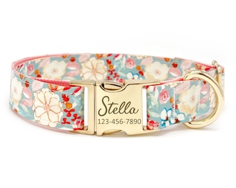 Personalized Floral Dog Collar: Custom Engraved Metal Buckle, Handmade