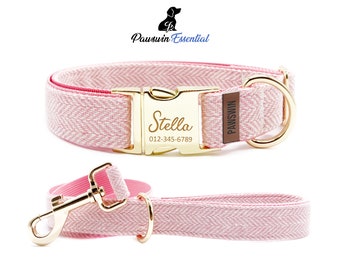 Pink Herringbone Dog Essential Bundle - Custom Dog Collar and Leash - Personalized Engraved Collar - Adjustable Size - Metal Buckle