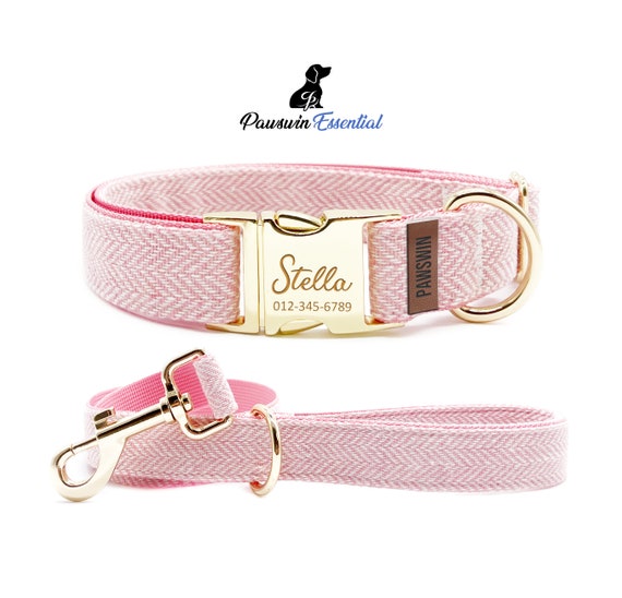 Pink Herringbone Dog Essential Bundle Custom Dog Collar and Leash Personalized Engraved Collar Adjustable Size Metal Buckle Etsy Canada